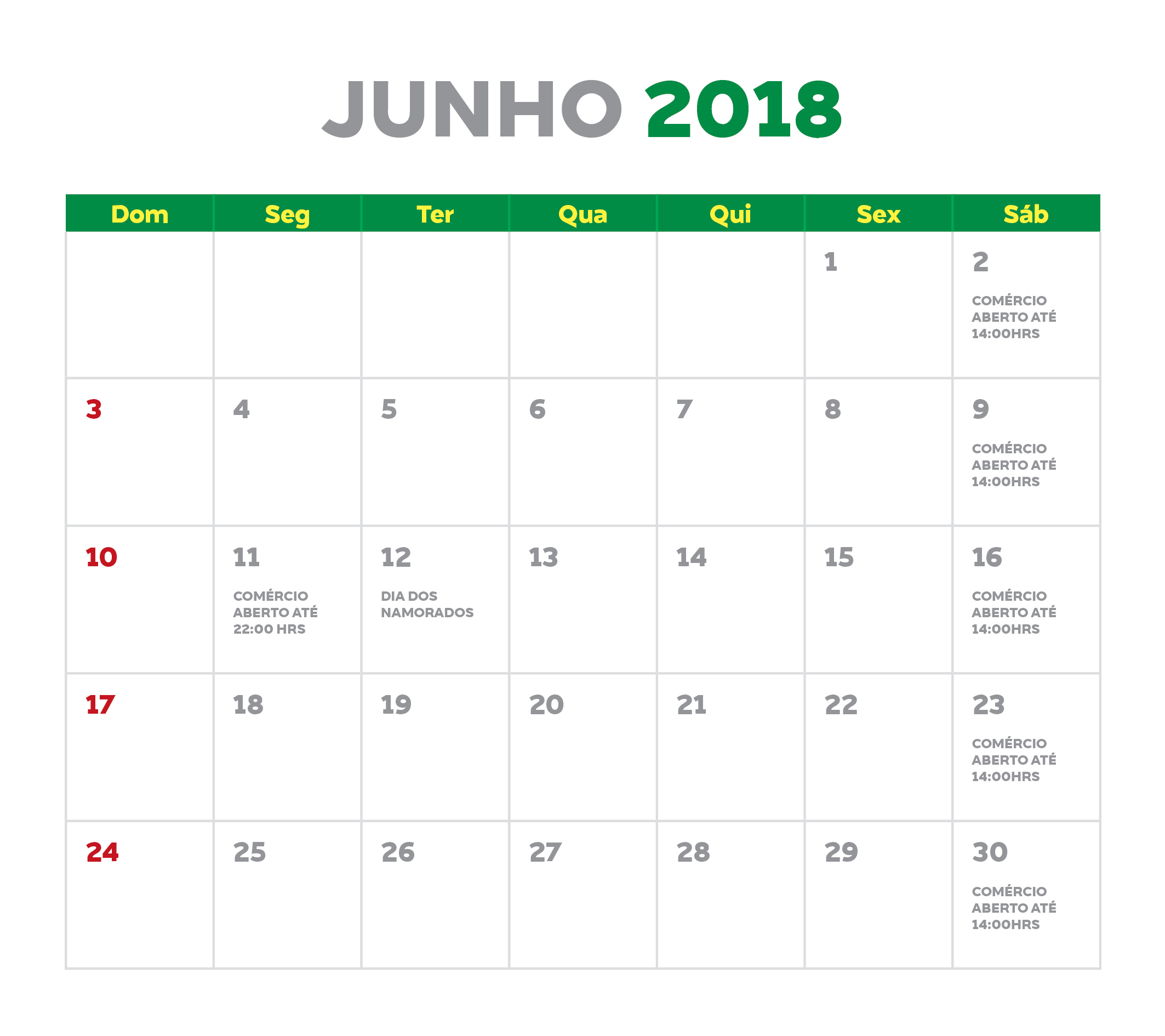 calendario junho 2018