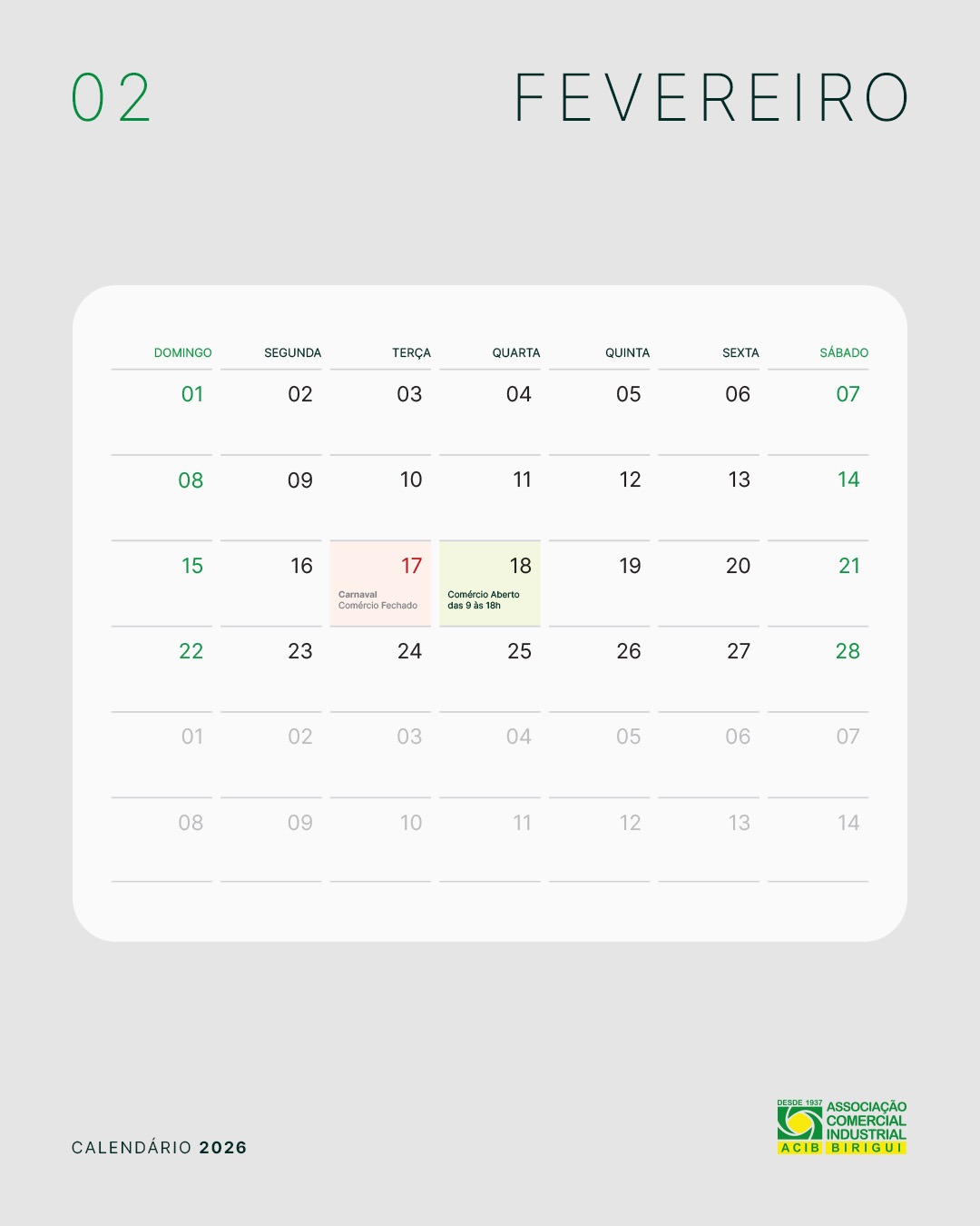 CALENDÁRIO DE FEVEREIRO 2026 - Associação Comercial e Industrial de Birigui